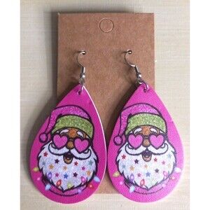 Santa Earrings Heart Shades Green & Pink Hat Stars & Lights Beard Double Sided